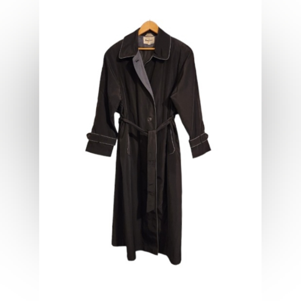 Vintage Black Long Trench Coat with Blue Piping/Trim and Shoulder Pads
